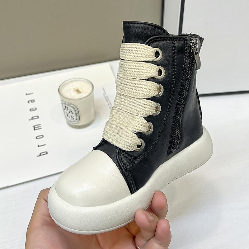 Fashion Vintage Designer Children Shoes  Fashion High Top Platform Black Leather Casual Girl Boy Chunky Sneaker