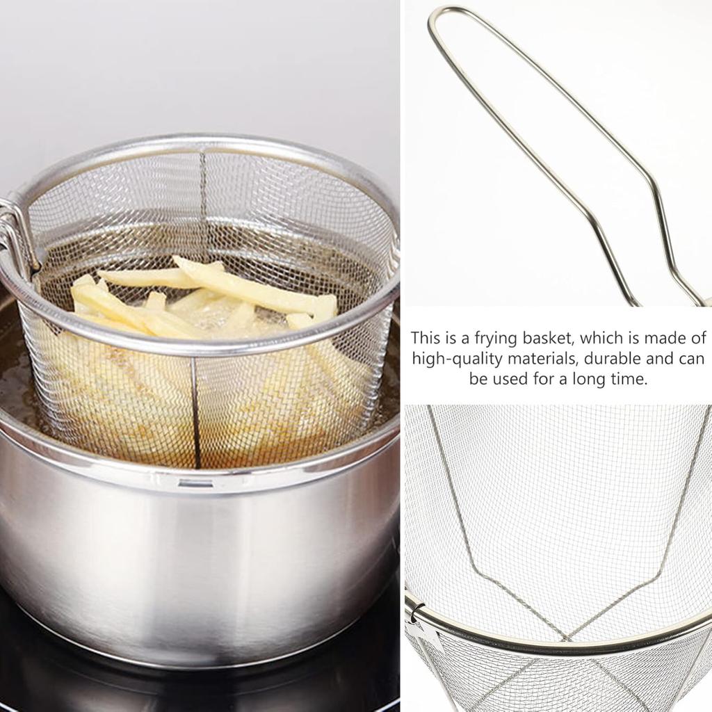 1Pc Stainless Steel Fry Basket with Handle, Round Wire Fry Basket, Steel French Fry Chip Basket (7.1 Inch)