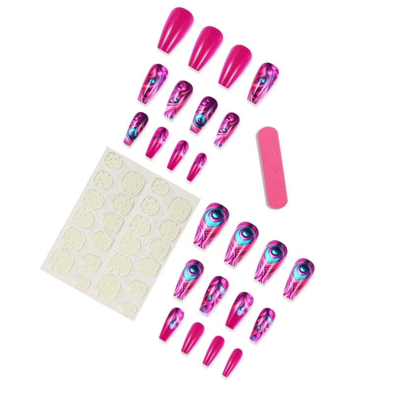 Womens Square Full Cover Medium Length Artificial Nail with Hot Pink Feathered Design 24 Pieces Set Coffun Press On Nail