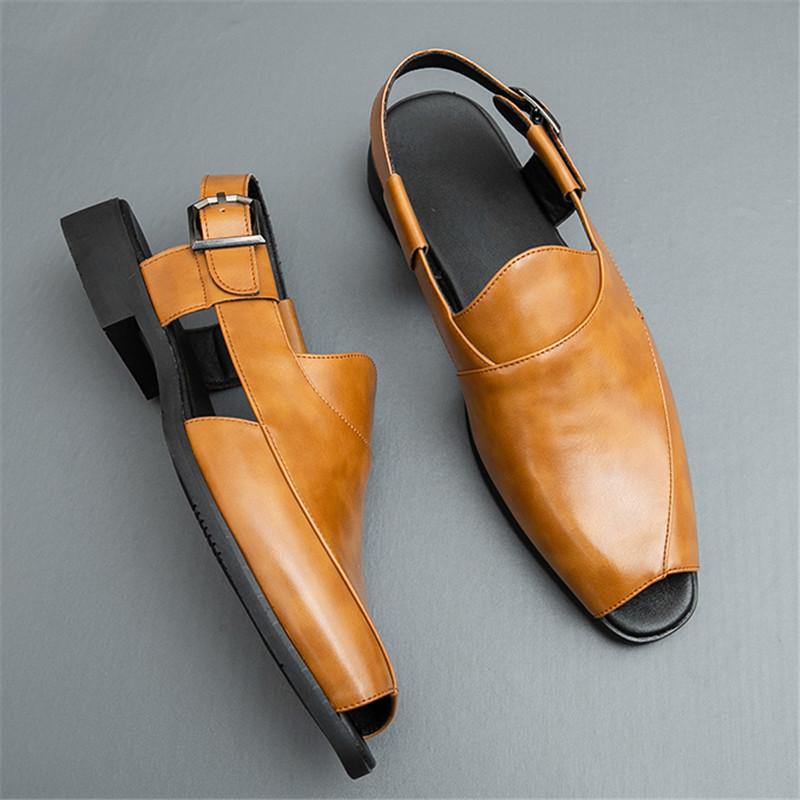 Summer New Men Gladiators Peek Toes Belt Leather Casual Shoes Breathable Beach Sandals Outdoor Slippers Brown White Plus Size