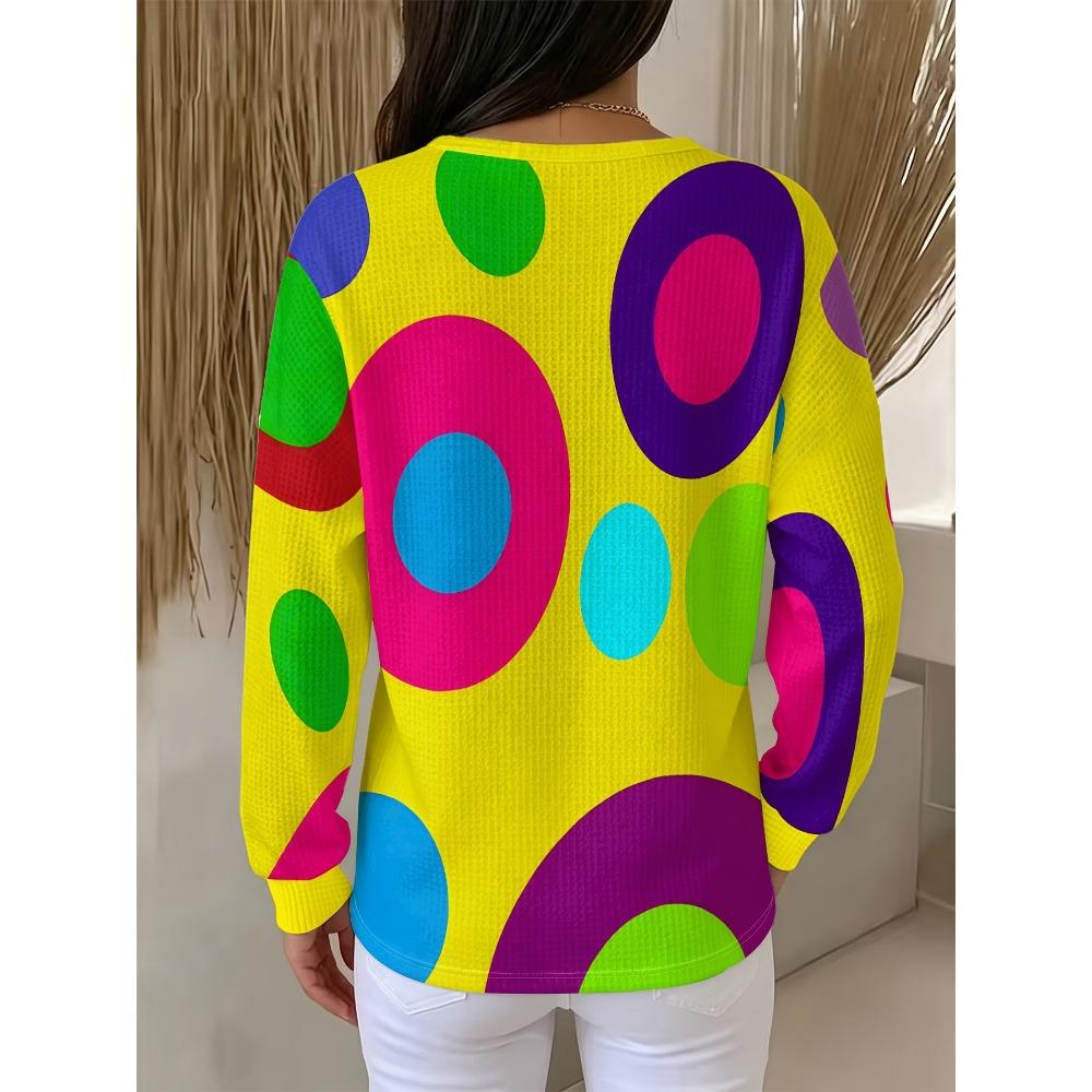 Waffle- Sweatshirt Featuring a Vibrant Large Design with a Three-button Round Neckline and Long Sleeves Top