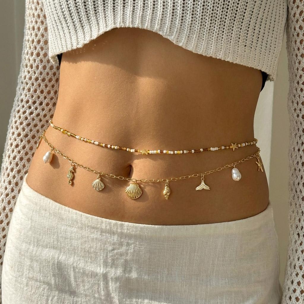 Boho Sexy Layered Rice Beads Tassel Waist Belly Chain For Women Summer Beach Sea Shell Conch Turtle Pearl Body Chain Jewelry