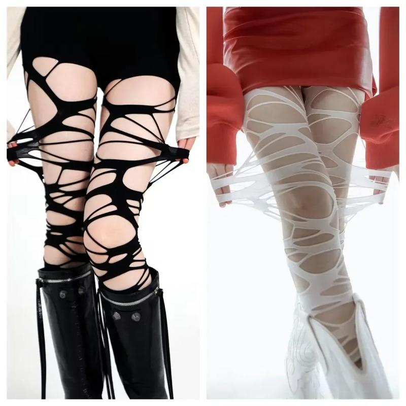Móda Punk Roztrhané Punčocháče s Dírkami Nue Sexy Lolita Gotické Punčochy s Pavučinou Dámské Y2k Černé Síťované Měkké Punčocháče Vysoké Punčochové zboží