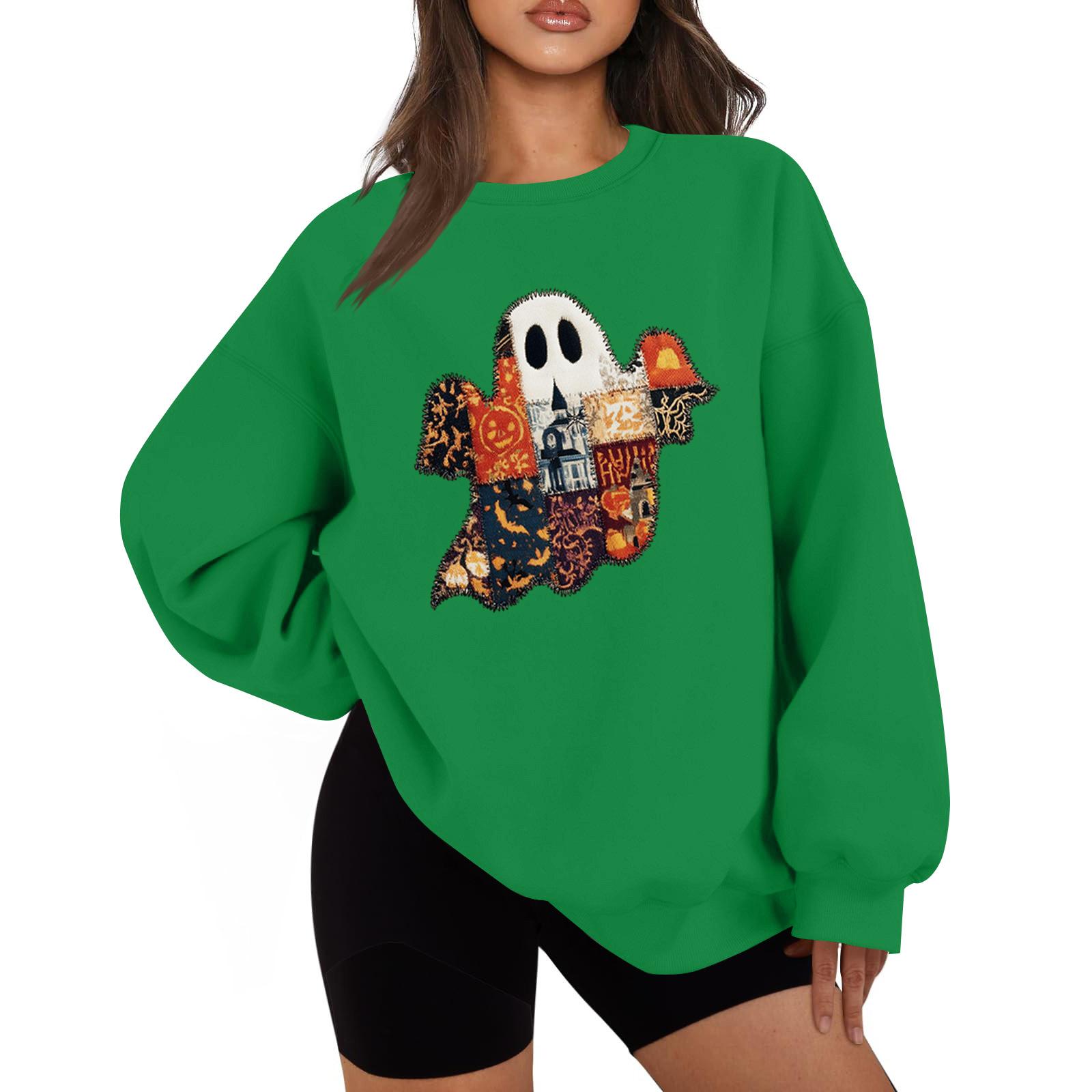 

Женская мода повседневная блузка с длинным рукавом и принтом на Хэллоуин с круглым вырезом S зелёный