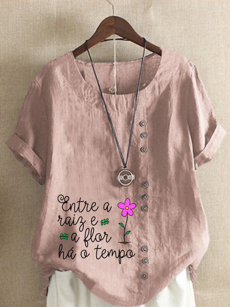 Women's Fashion Letter Print Casual Cotton Linen Short Sleeve Round Neck T-shirt Shirt Leisure Loose Summer Blouse Tops