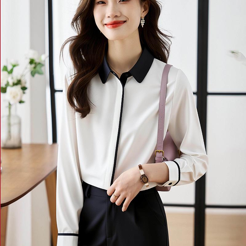 Spring 2026 Elegant Color Block Chiffon Women's Long Sleeve Shirt - Slightly Mature and Versatile Design.