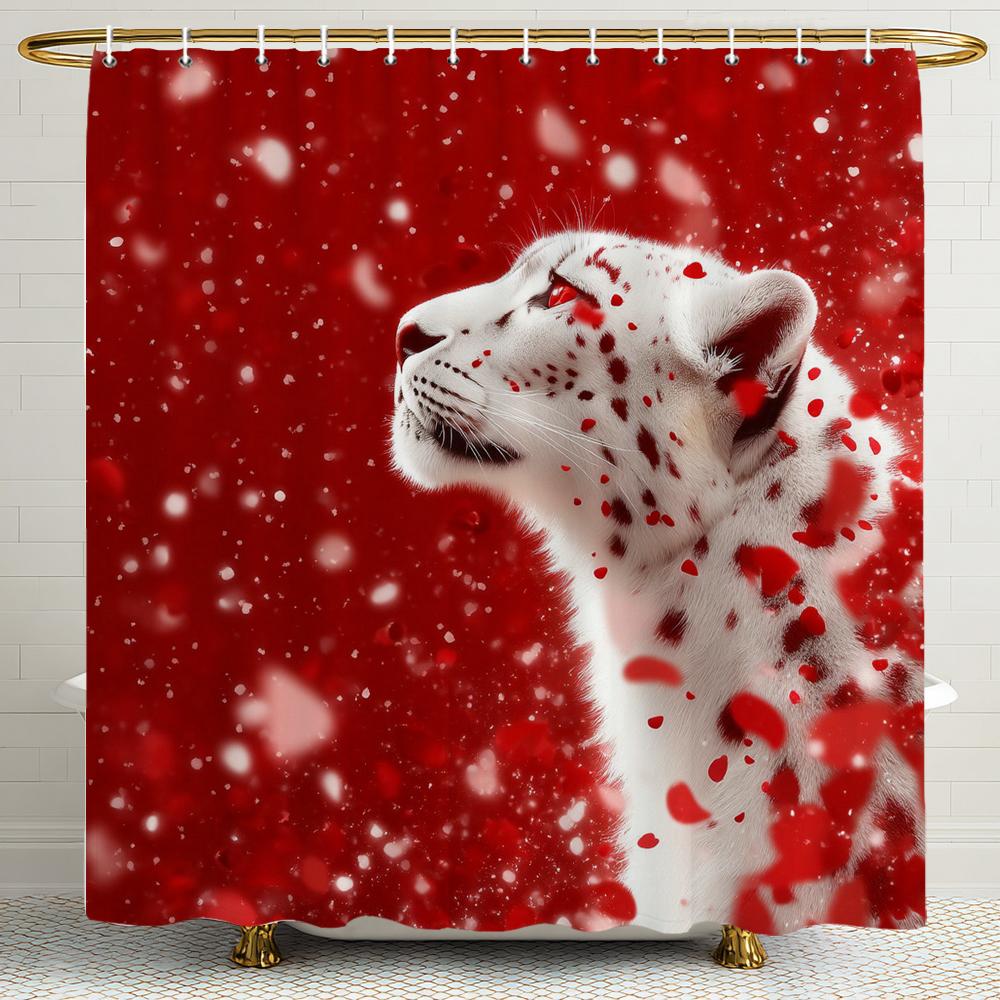 Cougar And Red,Blue Rose Shower Curtain, Animal Pattern Bathroom Decorative Shower Curtain, Printed Shower Curtain With Hooks