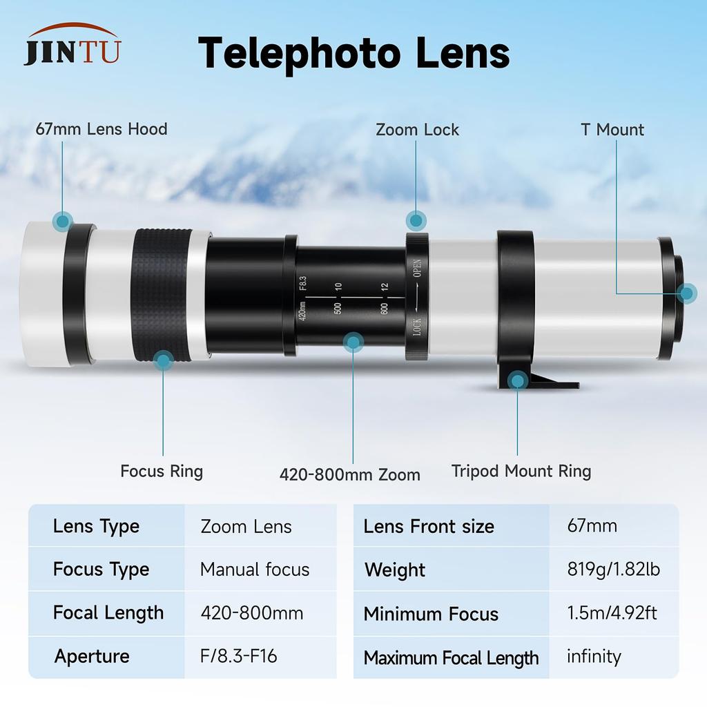 JINTU HD Manuelles Teleobjektiv für NEX a7r a7s a7 a6500 a6300 a6000 a5100 a5000 a3000 3N Digitale Spiegellose Kameras 420-1600mm f/8.3 E-Mount NEX-7