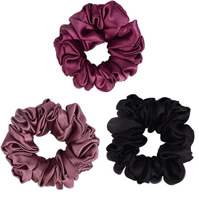 Arendelle Black & Wine Regular Satin Scrunchies - Pack of 3 | Soft, No-Damage Hair Ties for Women & Girls | Regular Size | Same Colours As Photo |