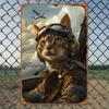 Vintage Whimsical Cat Pilot Metal Wall Art Waterproof Weather Resistant Decor for Home Bar Cafe Aviation Room Decoration
