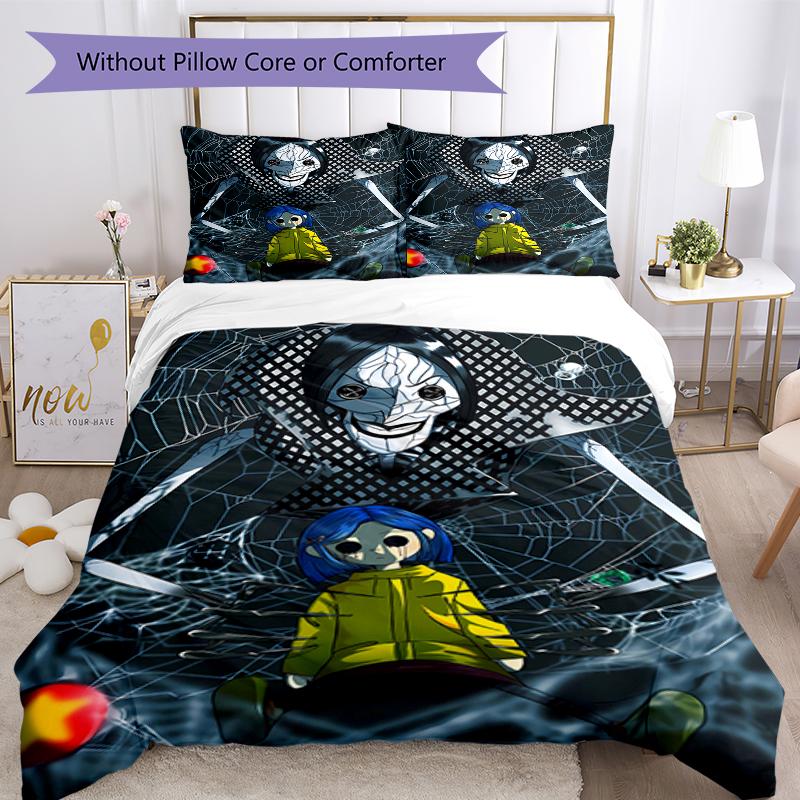 3pcs Coraline (2) Design Cover Set - HD Printed Bedding with 1 Cover and 2 Pillowcases - Perfect for Home and Dorm Decor