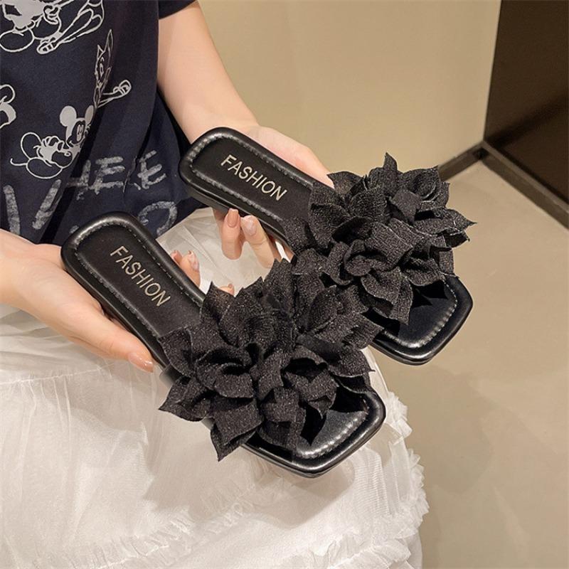 Casual Flat-bottomed Square-head Slippers Female Flower Lazy Person One Pedal Open-toe One-word Drag Beach Casual Women's Sandals