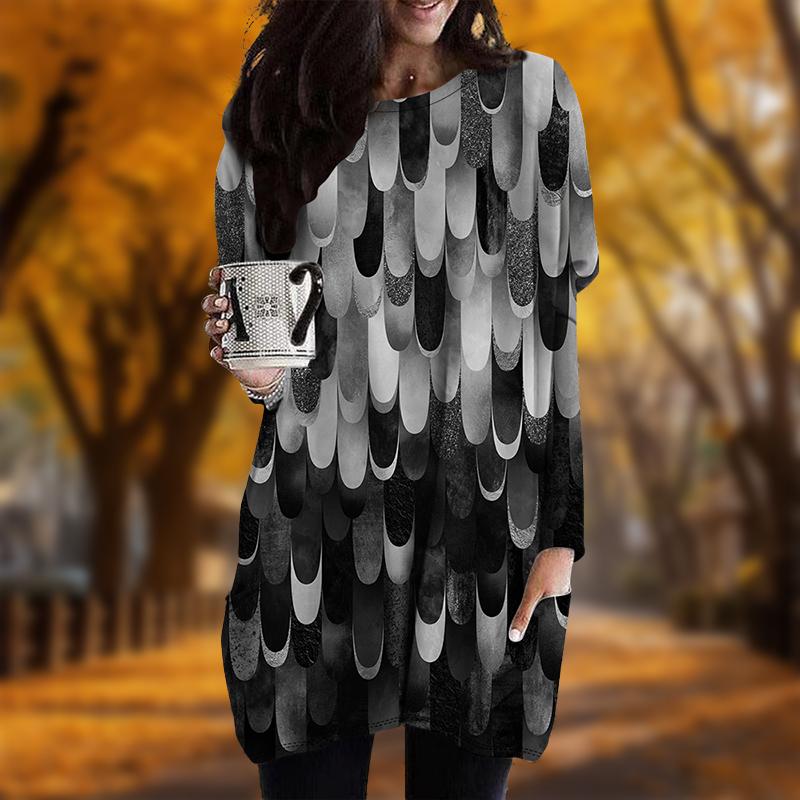 New In Autumn Raindrop Print Plus Size Dress Women O'neck Long Sleeves Casual Pocket Dresses