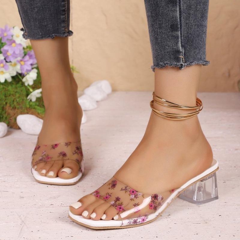 2026 Crystal Square Slippers Summer New Square Head Open-toed Printed Transparent Belt Anti-slip Wear-resistant Heel Shoes