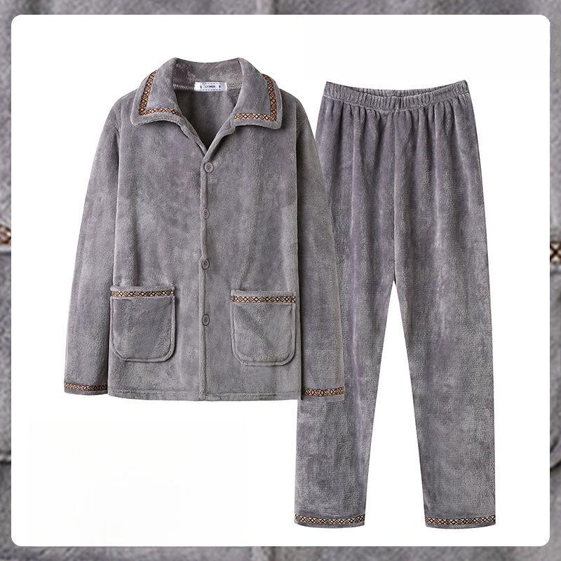 Men's Coral Fleece Velvet Pajamas Set - Thick, Warm, Long-Sleeved Flannel for Autumn and Winter
