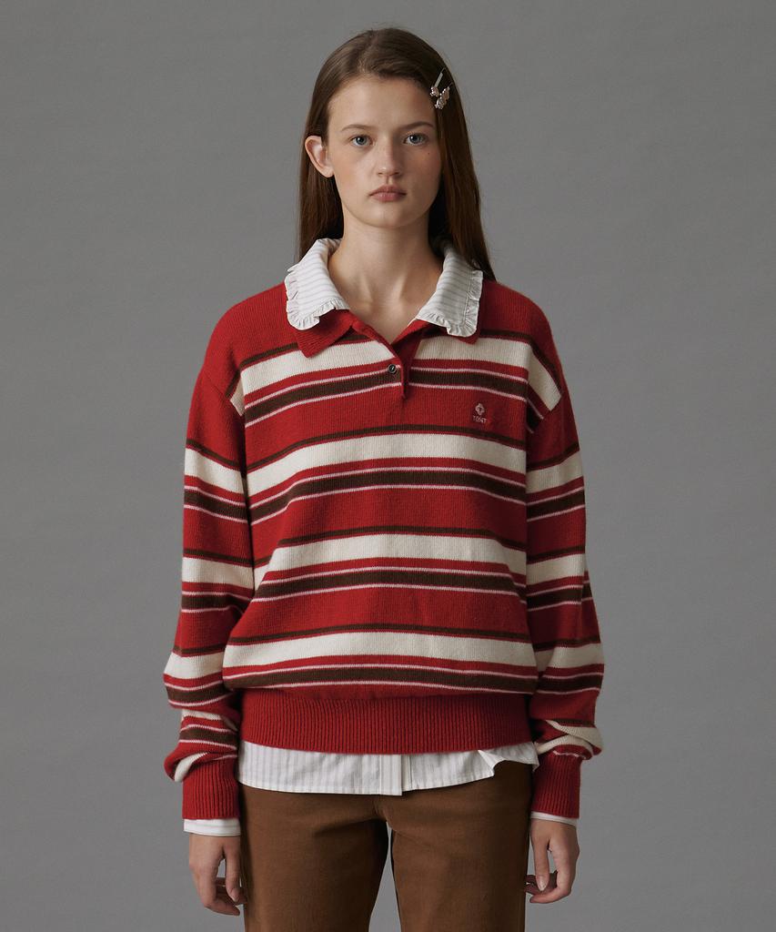 Tudument Retro Stripe Polo Knit Red