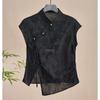 Cheongsam Style Chinois T-shirt Noir Jacquard Manches Courtes pour Femmes Nouveau Été Vintage Élégant Chemisier