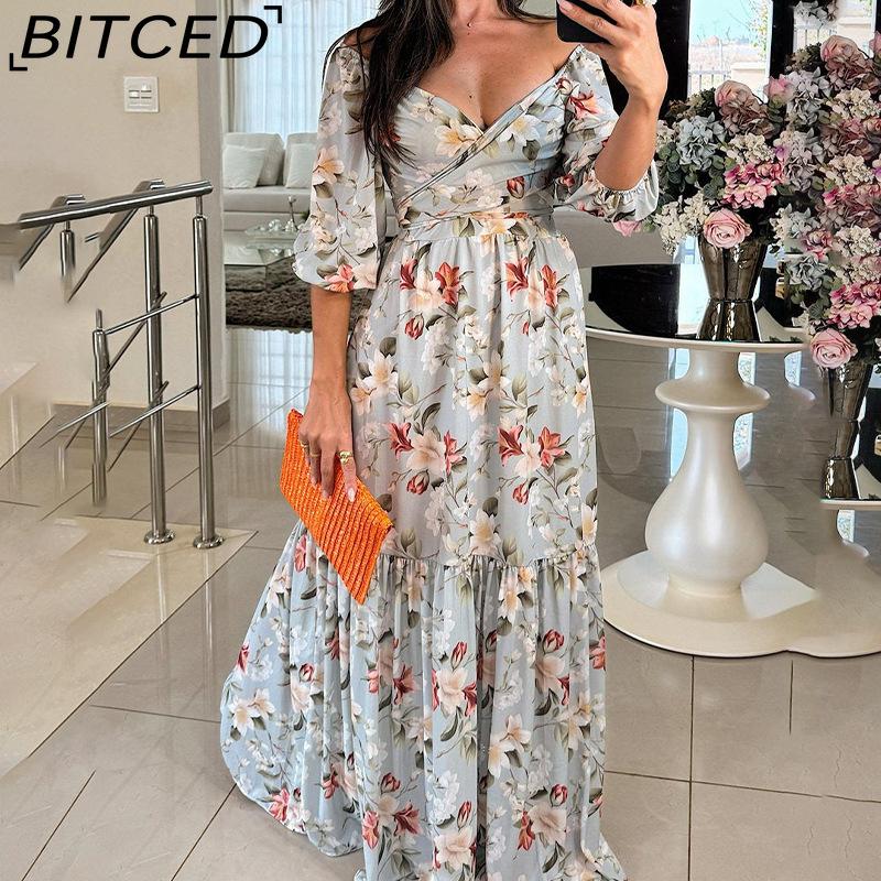 BITCED Summer Women's Outerwear: Fashionable and Elegant Printed Tie-Front V-Neck Full-Skirted Dress