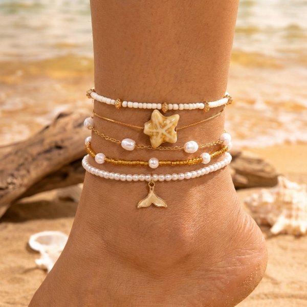 Summer Multilayer Stacked Rice Bead Ankle Chains For Women Boho Starfish Shell Conch Foot Chain Daily Beach Party Foot Jewelry