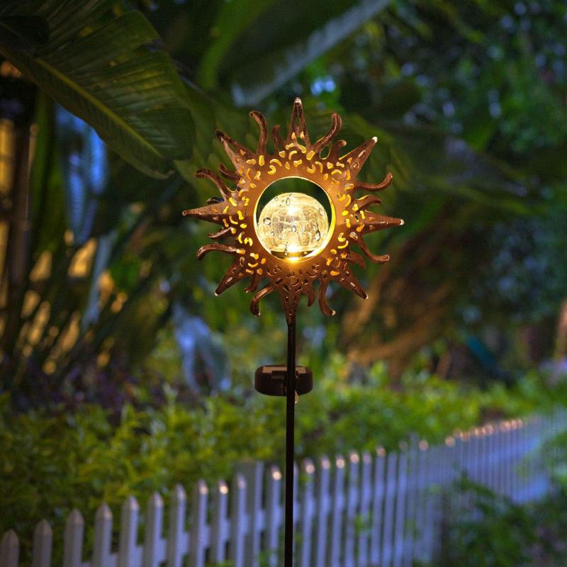 Solar-powered Ironwork Glass Crack Sun Projection Bell Hollow Projection Lamp Waterproof Outdoor Light for Lawn Door Garden Home