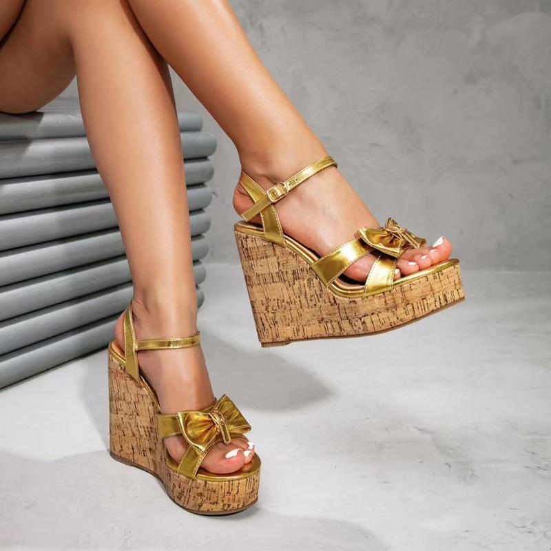 Golden Wedge Platform Sandals Women Sexy Open Toe Ankle Strap Chunky High Heels Elegant Bow Decoration Beach Shoes for Ladies