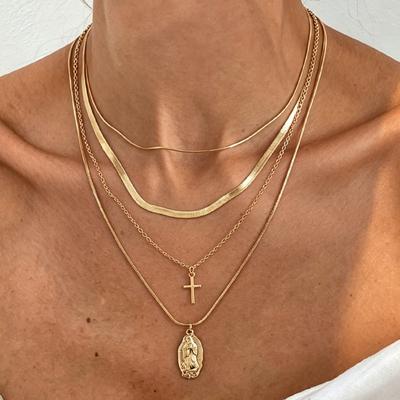 4pcs Set Fashion Snake Chain Cross Virgin Mary Pendant Stacked Necklaces for Women Daily Wear Gold Color Layered Choker Jewelry