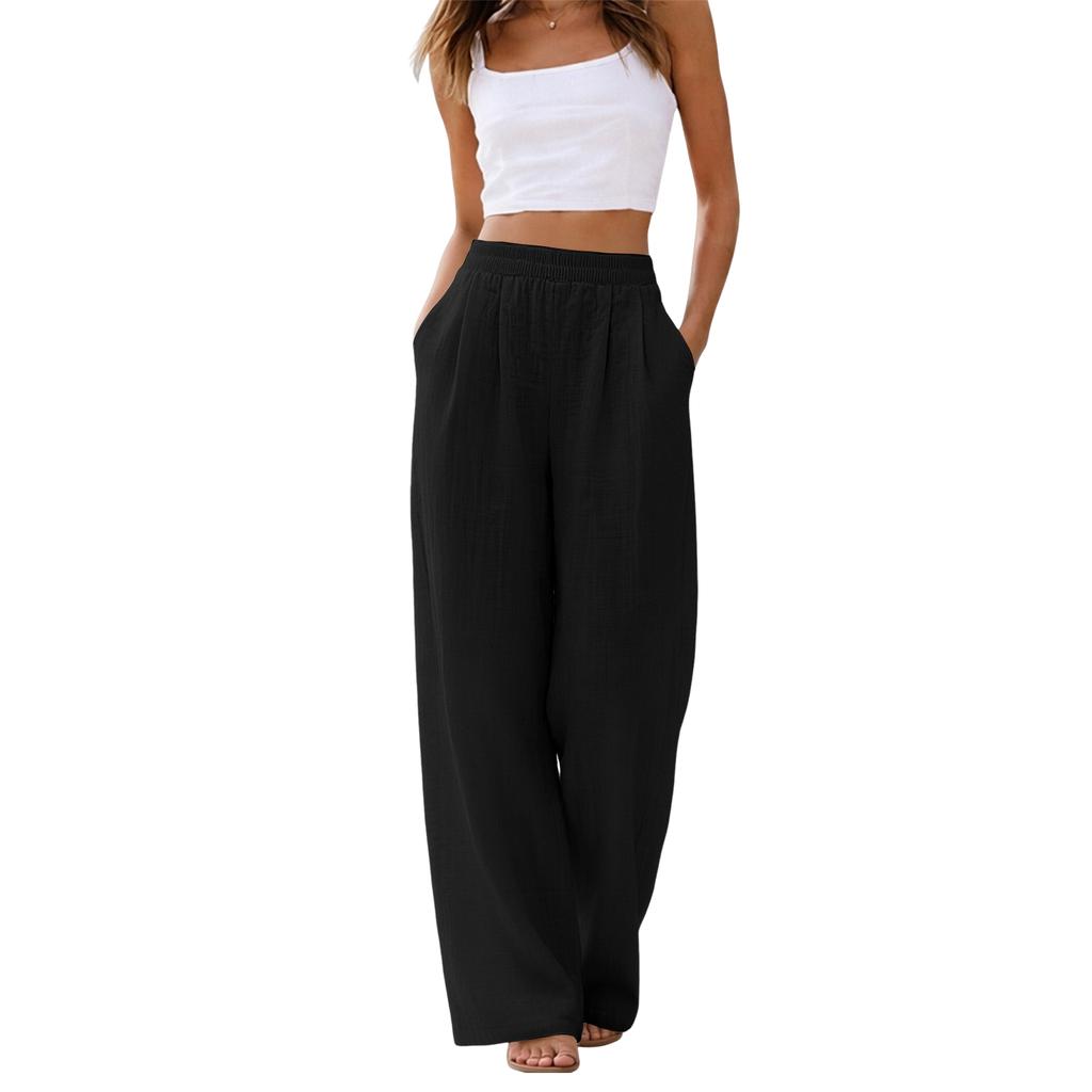 Women's Linen Wide Leg Pants Elastic Waist Summer Beach Vacation Lightweight Loose Fit Long Trousers Casual Comfortable