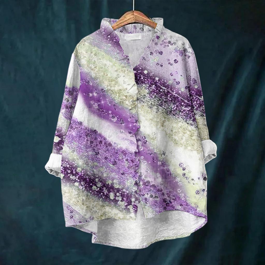 Women's Loose Ruffled Floral Print Stand Collar Long Sleeve Cotton And Linen Top