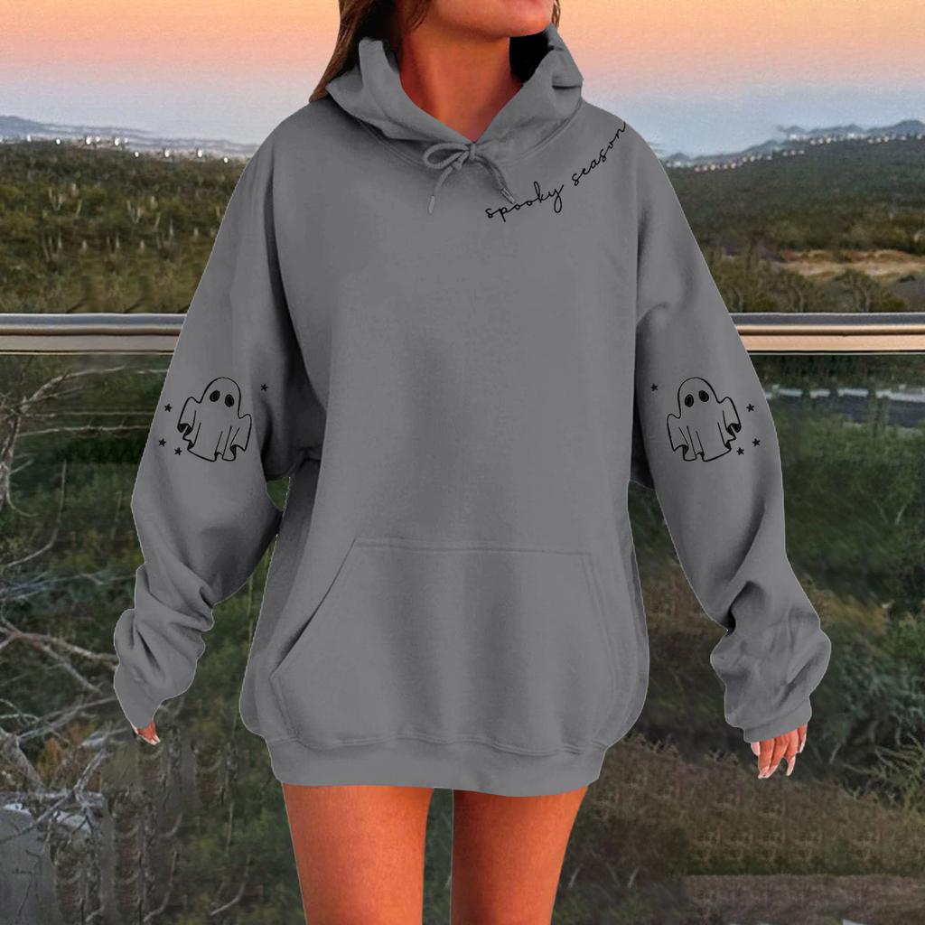 Women's Solid Color Long Sleeve Casual Halloween Print Pullover Hooded Sweatshirt