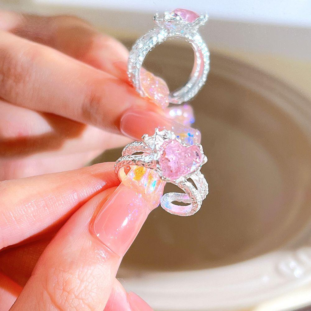 Y2K Pink Crystal Irregular Heart Ring Vintage Shiny Zircon Opal Love Open Ring for Women Kpop Punk Girl Party Jewelry Gifts 2023