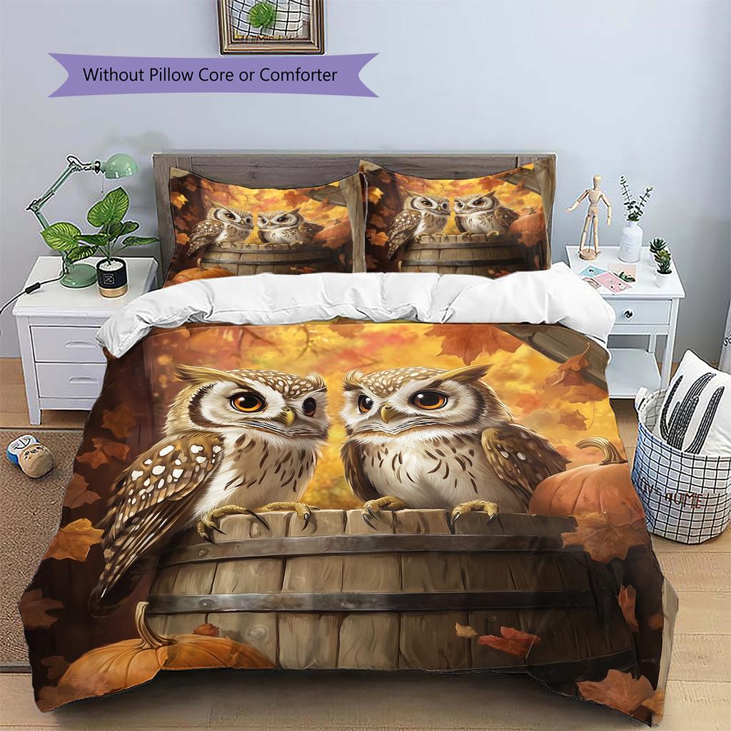 Owl and Leaves Pattern Bedding Home Decoration Birthday Gift (1 * Duvet Cover + 2 * Pillowcase, Without Core)