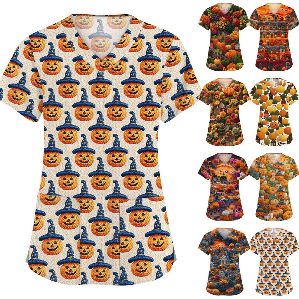 Damenmode V-Ausschnitt Kurzarm Arbeitskleidung mit Taschen Halloween bedruckte Tops