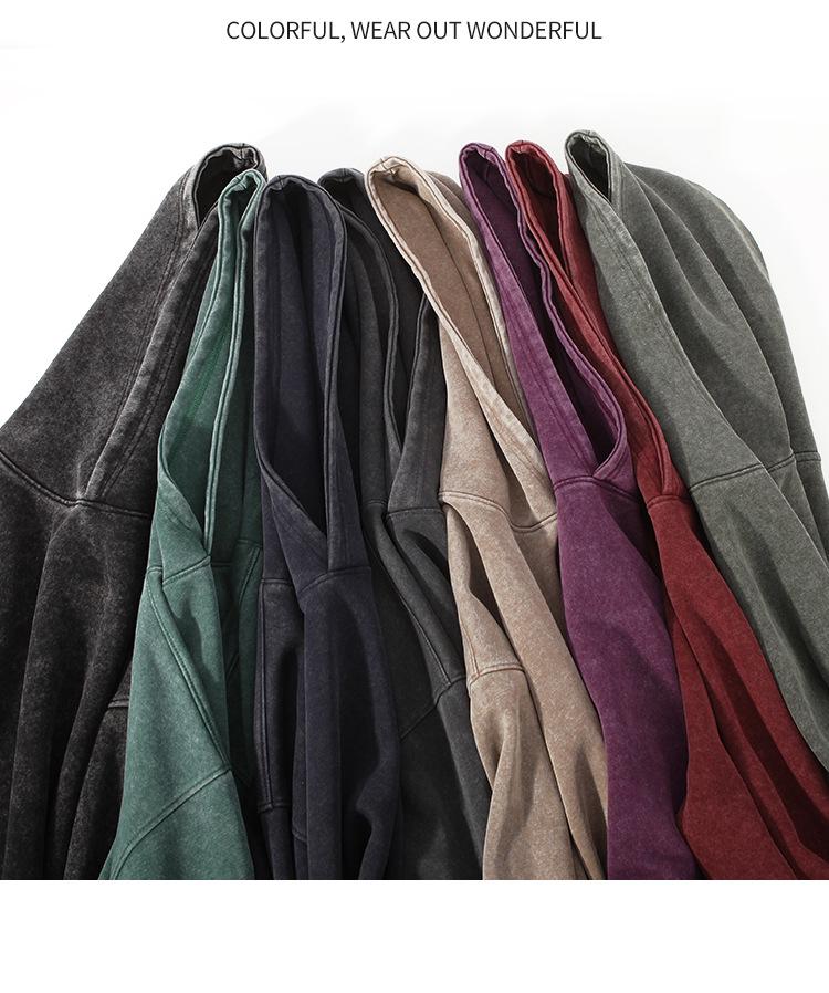 350g Vintage Washed Men's Hoodie - EU Size, Drop Shoulder, Solid Color, Thickened, Heavyweight