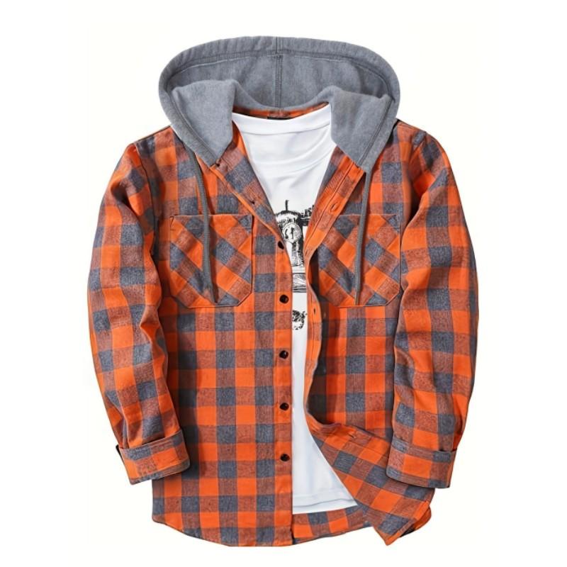 Men's Fall-Design Hooded Checkered Sweatshirt, Flannel Hoodie