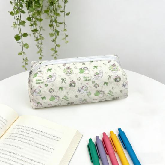 Pencil Case Green Kitten Print Large Capacity Stationery Organizer Smooth Zipper Closure