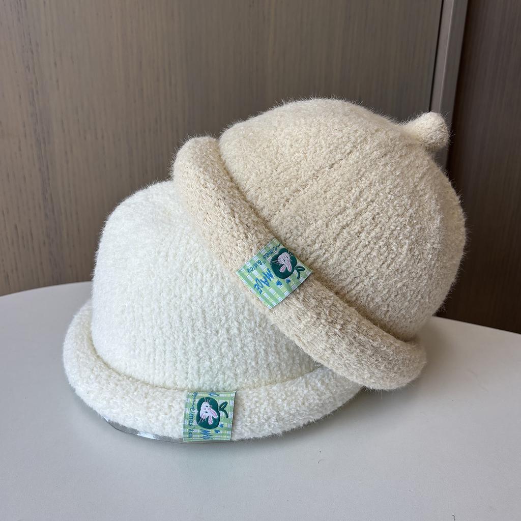 Cute Rabbit Sticker Crimped Wool Hat Lady Cute Sweet Little Pull Top Hat Autumn And Winter Outdoor Warm Knitted Hat
