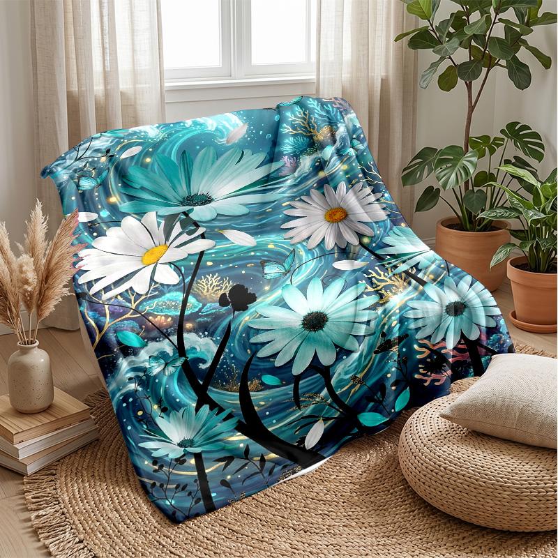 Ocean Floral Art Theme blanket Lightweight Warm Flannel Blanket Decorative Throw Blanket for Home Decoration