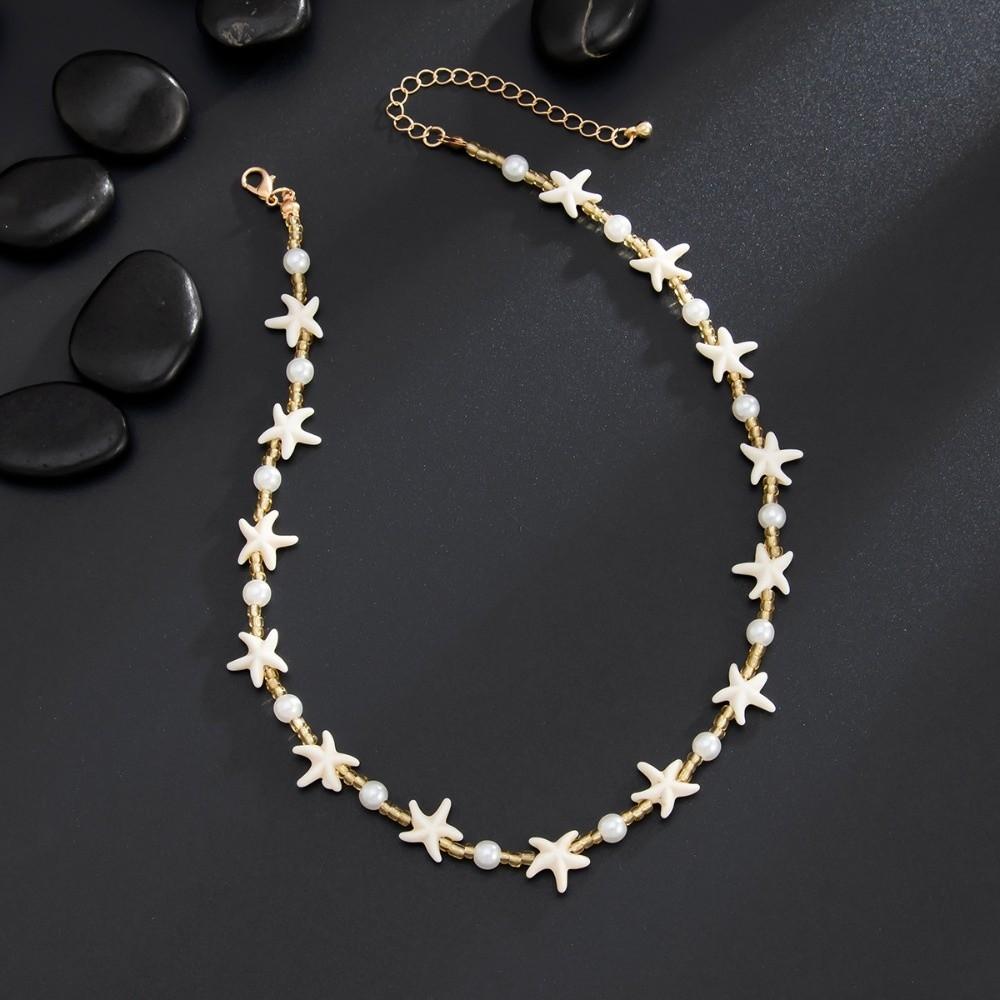 Adjustable Imitation Pearl Choker White Goth Clavicle Chain Vintage Boho Starfish Necklace Jewelry