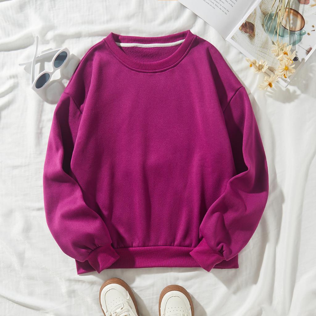 Spring Casual Hoodie Jacket Fleece Lined Loose Solid Round Neck Pullover Womenswear