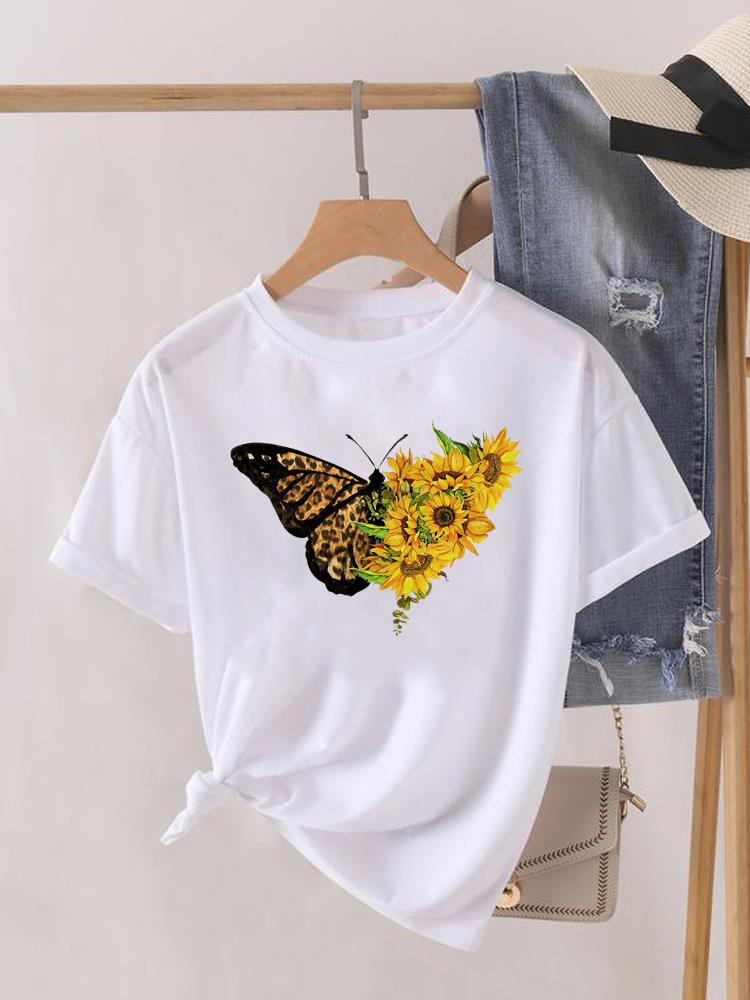 Kwiatek Słodki Trend lat 90. Uroczy Krótki Rękaw Nadruk Moda Graficzny T-shirt Kobiety Top Pani Damska Koszulka Tee Okrągły Dekolt Odzież Ubrania
