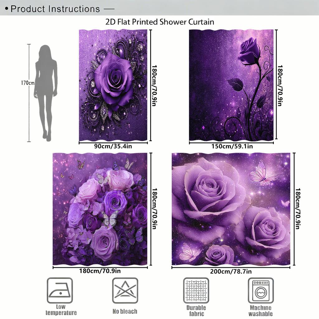 Gorgeous Rose & Butterfly Pattern Polyester Shower Curtain - Stylish Bathroom Decor, Delicate Bath Polyester For Home