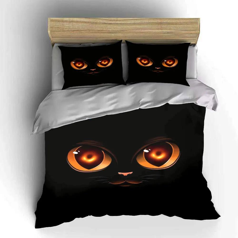 3Pcs Black Cat Eyes Bedding Set Glowing Orange Cat Eyes On Black Print Duvet Cover + 2 Pillowcases Mystical Cat Decor