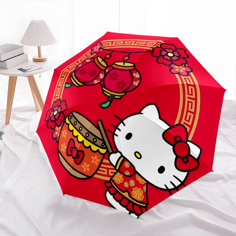 

1pc Hello Kitty Chinese New Year Drum Red Lanterns Automatic Opening/Closing Umbrella, Portable Three-Fold Design, 8-Bone Iron Frame Outdoor Umbrella,