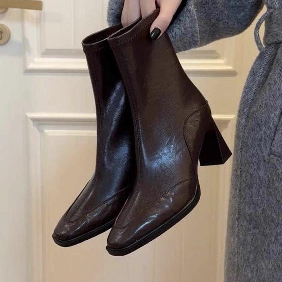 

Французские ретро ботильоны на толстом каблуке с квадратным носком для женщин - Осень Зима Универсальные Облегающие Коричневые Черные. 35