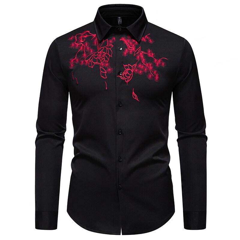 Spring and Autumn New High Quality Men's Floral Embroidered Long Sleeve Shirt Youth Cardigan