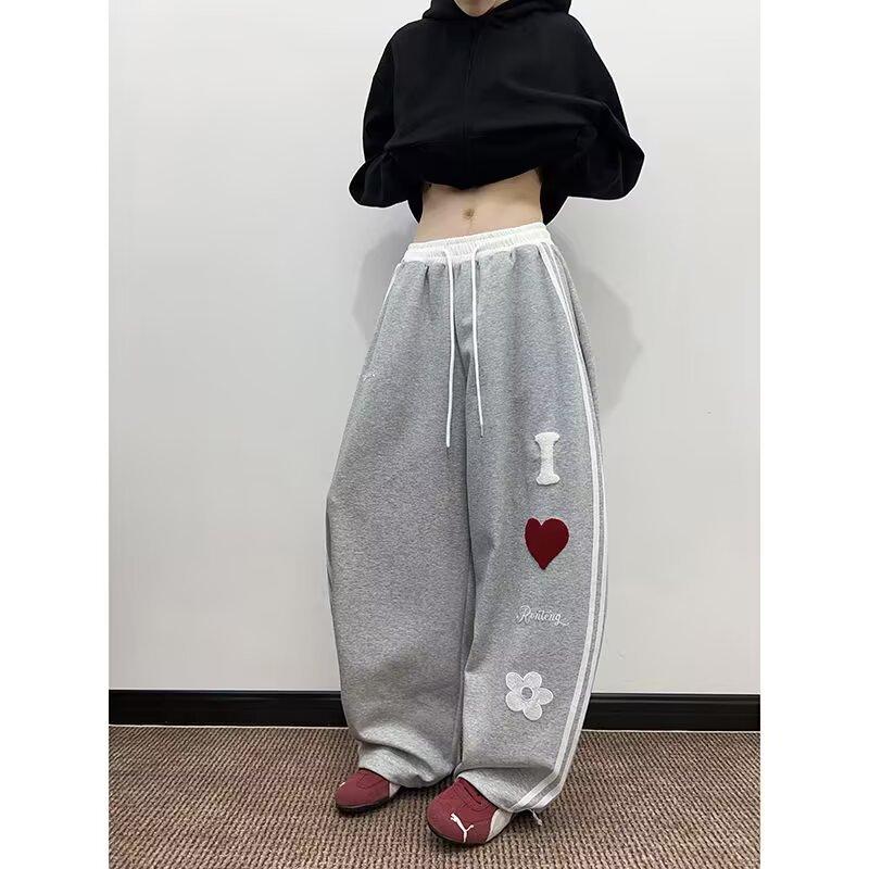 American striped silhouette casual sweatpants men's heavy design sense letter love hip-hop wide-leg couple sports trousers
