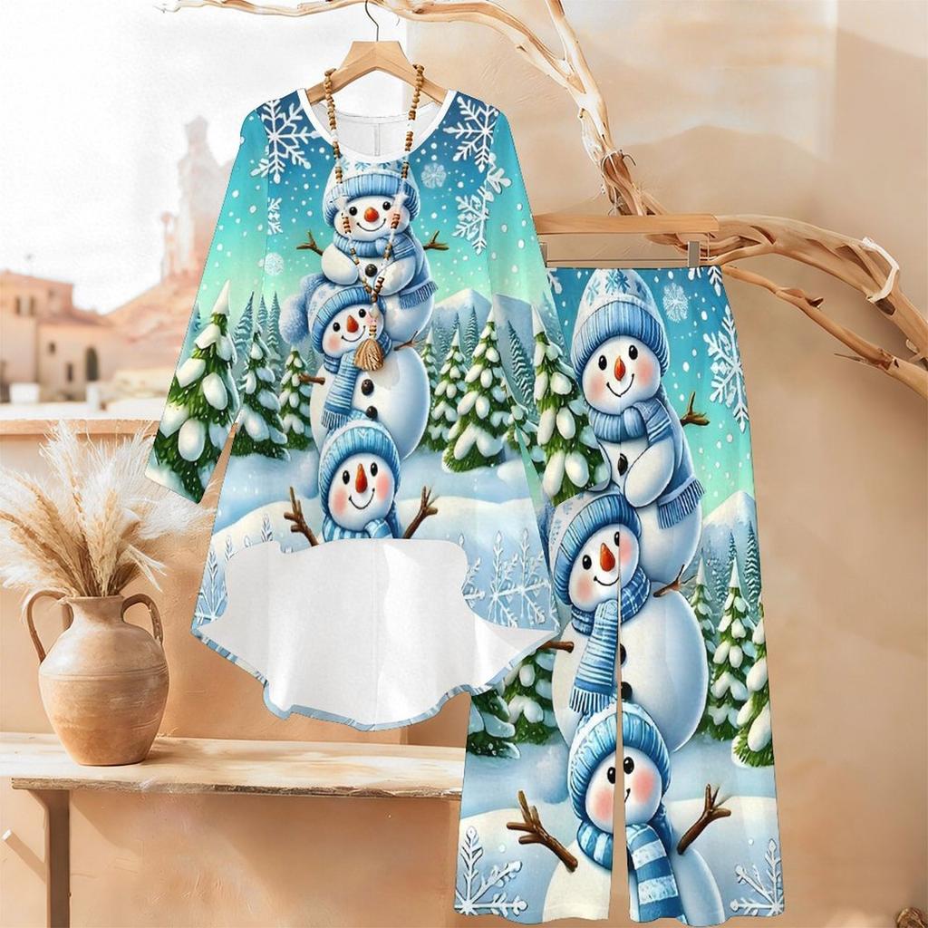 Christmas Print Two Piece Outfit Women Long Sleeve Irregular Hem Tunic Top Wide Leg Pants Casual Matching Set