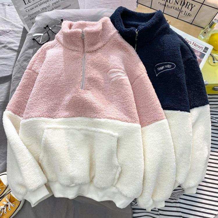 Warm Velvet Women Pullover Sweatshirt Thickened Stand Collar Half Zipper Top