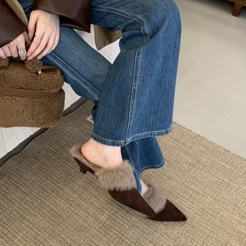 2025 Autumn and Winter New Pointed Head Thin Heel European and American Fashion High Heel Fine Heel Slippers Bag Head Empty Women's Shoes