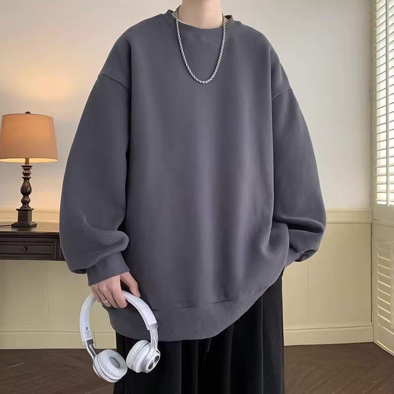 Men's 320g Heavyweight Round Neck Loose Pullover Hoodie - Autumn Long Sleeve Solid Color Outerwear.